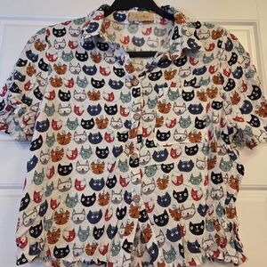 Cat Print Button-Up Shirt